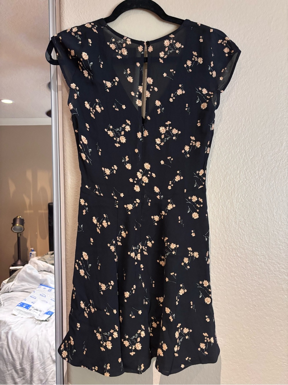 Reformation Black Mini Dress with Cream Floral Ditsies